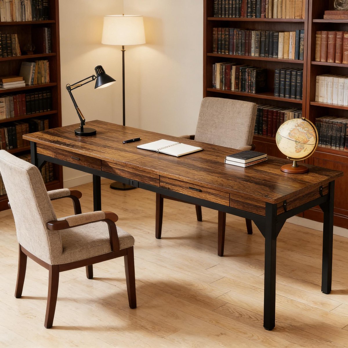 Wishdor Dubbele bureau - 2 persoons werktafel - Met 2 laden en 2 haken - Rustiek bruin en zwart - Voor kantoor, samenwerking en studie - 200 x 60 x 82 cm