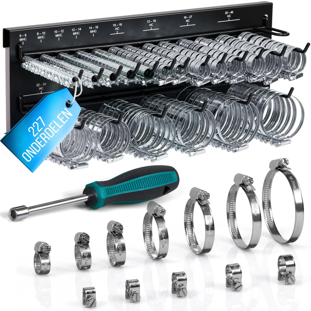 Famanu – Slangklem wandhouder set met 227 stukken, inclusief beugel en schroevendraaier, verstelbare slangklemmen en organizer rack