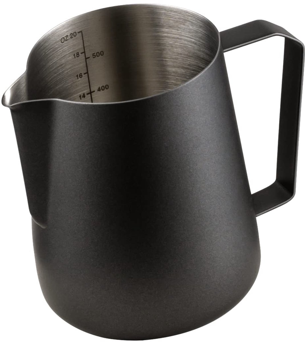 Famanu – Melkkannetje van roestvrij staal, 600 ml, ideaal voor koffiecrème en melkopschuimen, met maatmarkering, zwart