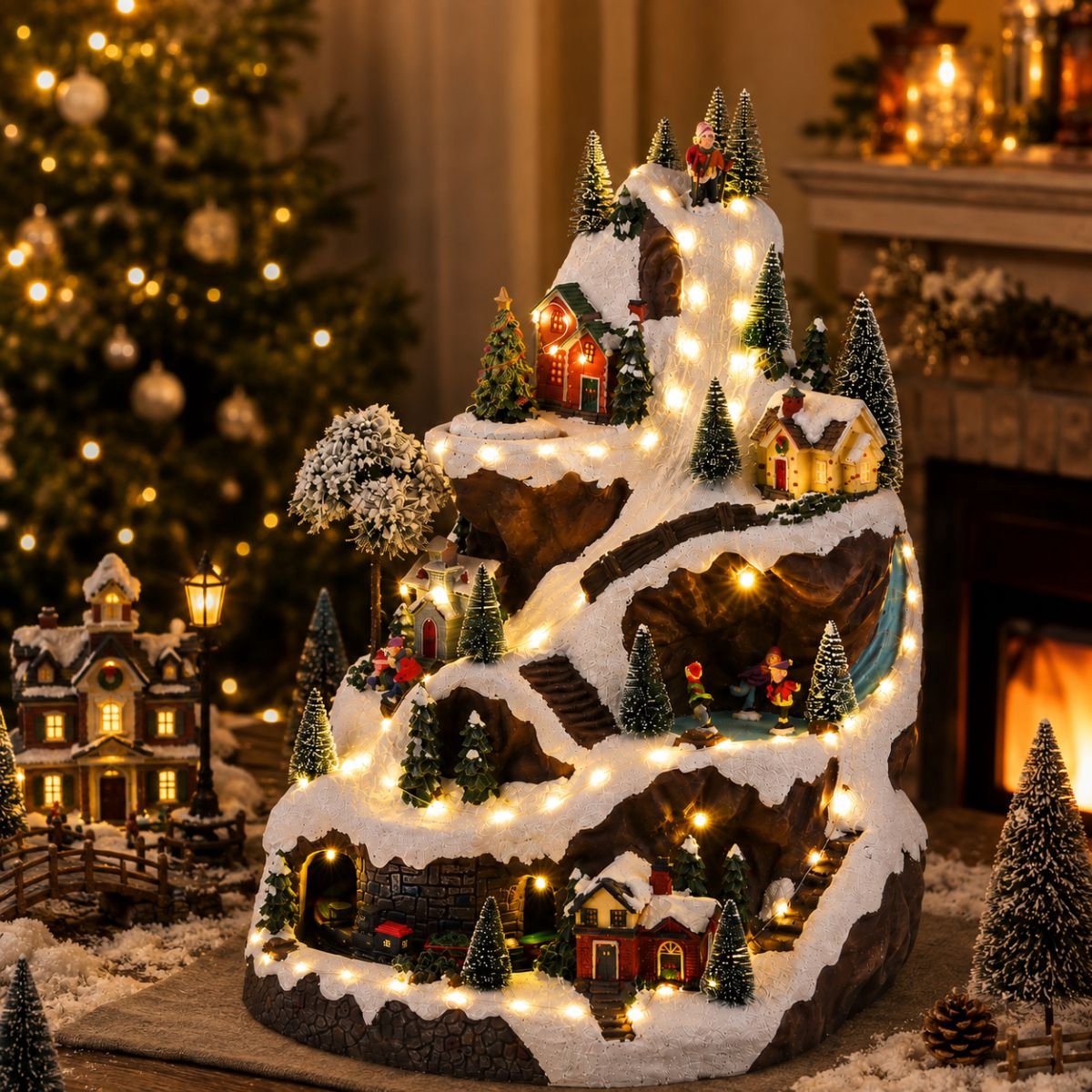 Luville Kerstdorp Miniatuur Skipiste - Kerstversiering met Ronddraaiende Kerstboom en Rijdend Treintje - Kerst Decoratie met Verlichte Huisjes - Inclusief Adapter - L33 x B31 x H46 cm - Meerkleurig – foto 7