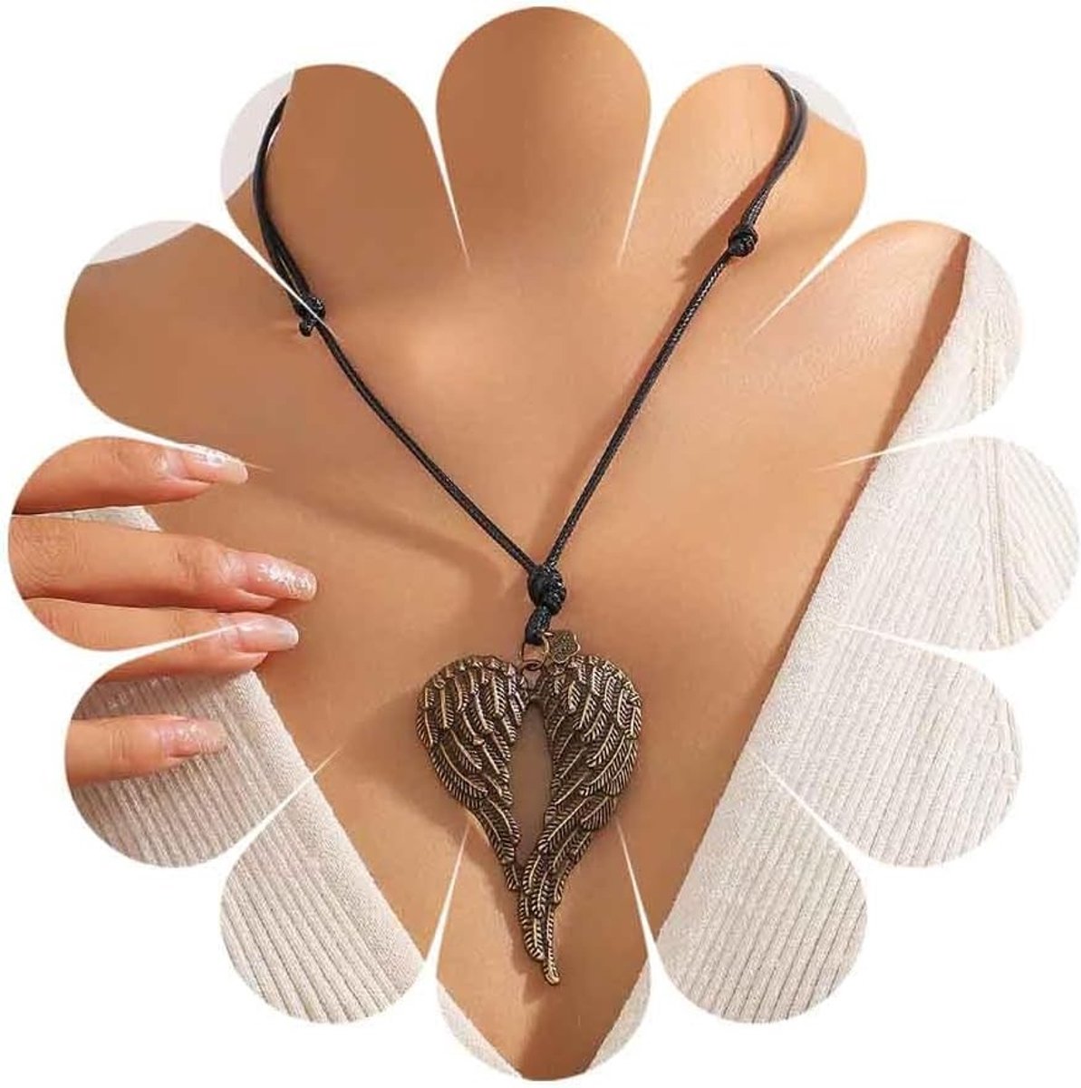 Punk Engel Vleugels Ketting van Zwart Leer met Gepersonaliseerd Hartontwerp voor Dames en Heren, Unieke Sieraad voor Elke Gelegenheid