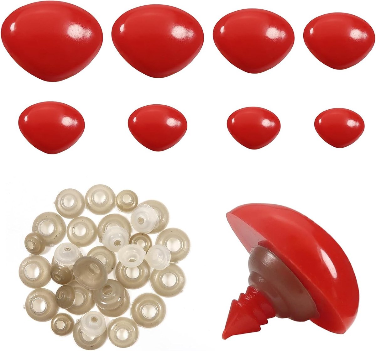 33 Stuks Veilige Neus voor Poppen en Pluche, Rood Driehoekig, 9 mm tot 29 mm met Wasringen