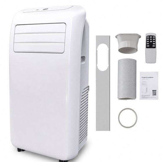 Witte mobiele airconditioner met accessoires: afstandsbediening, slang, raamafdichting en handleiding.