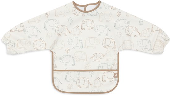 Bavette blanche à manches longues avec un imprimé all-over d'éléphants et d'arbres dans des tons pastel. Bordure marron.