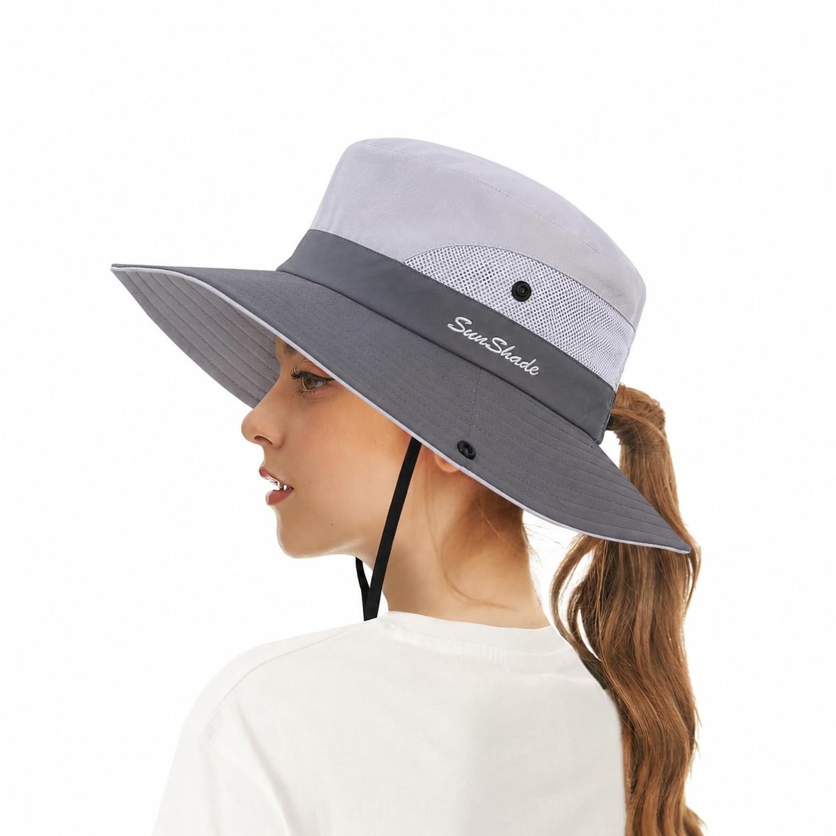 Zonnehoed kind - Bucket Hat - UV Bescherming - Zonnepet met Brede Rand en Paardenstaart Opening - Perfect voor Paardenstaarten, Sneldrogend - Ademend Strand en Outdoor Hoed