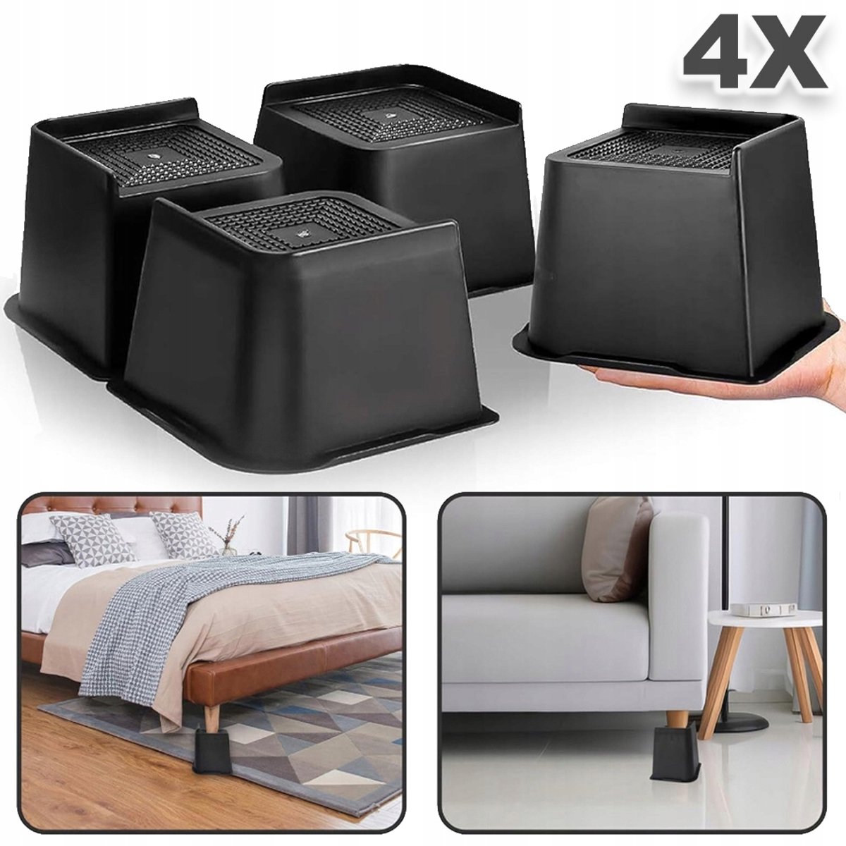 Set Van 4 L-Vormige Meubelvoetjes - 10 cm Verhoging Draagvermogen 2700 kg Antislip Brede Basis Montage Zonder Gereedschap - Geschikt Voor Bank- Sofa- Bed- Bureau- Tafel- En Kastpoten - Zwart