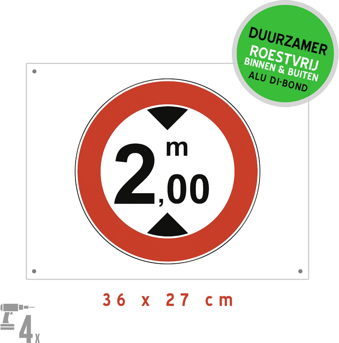 Pictogram/ bord Dibond + boorgaten | Hoogtebeperking 2,00 meter | 36 x 27 cm | Maximale doorrijhoogte | 200 cm | Let op | Inrit ondergrondse garage | Beperkte hoogte | Duurzaam | Parkeerplaats | wit/ rood | 1 stuk