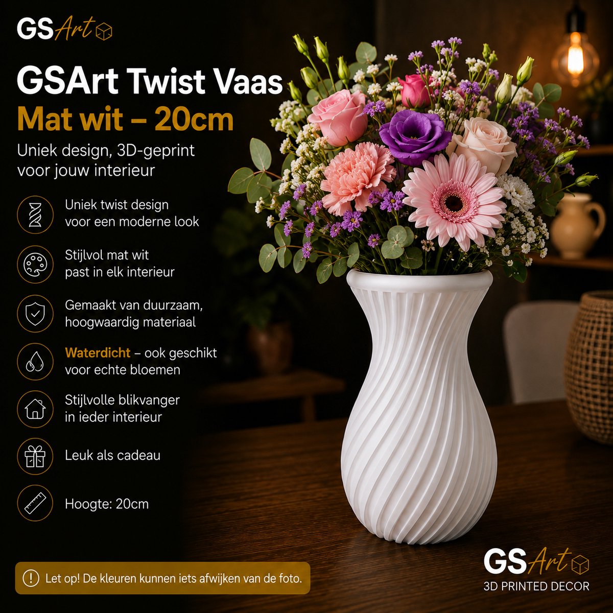 GSArt Twist Vaas 20 cm – Waterdichte 3D Geprinte Design Vaas - Mat Wit