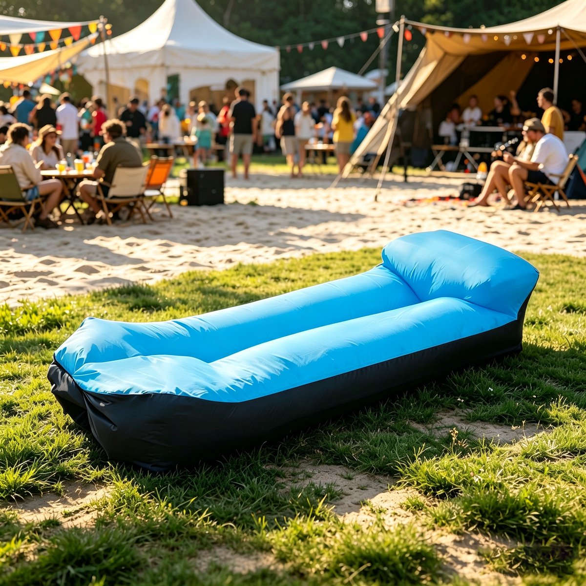 Opblaasbare slaapbank met kussen 220×70×60 cm ( Hemelsblauw‑zwart) waterdicht & lekvrij draagbaar perfect voor kamperen stranduitje picknick muziekfestivals en vakantiereizen