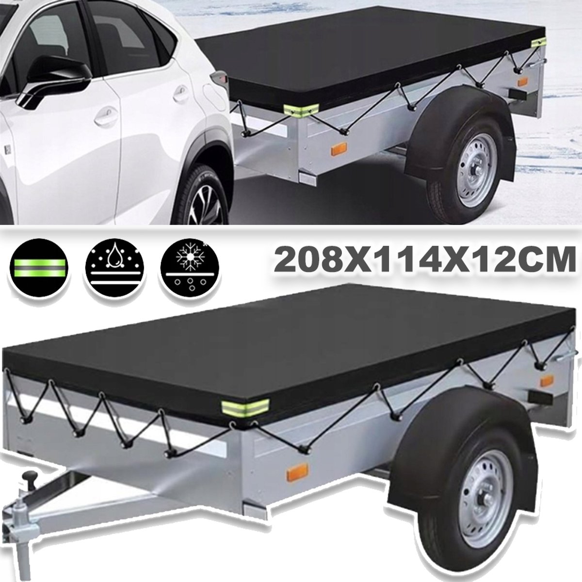 Robuuste Beschermhoes Van 420D Oxford-Stof - UV-Bestendig Waterdicht Stof- En Scheurbestendig Reflecterende Veiligheidshoeken 8 Meter Elastisch Koord - Universele Pasvorm Voor Aanhangers En Bagagedragers - 208x114x12 cm - Zwart