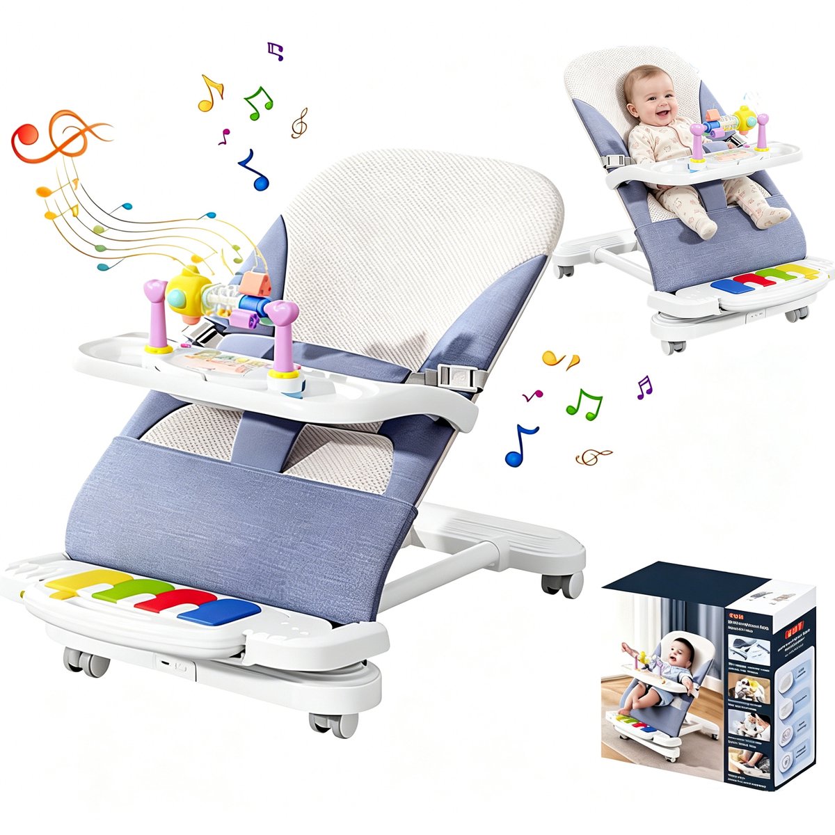 Baby schommelstoel-Comfortabele babyzitje-3 standen-Speelboog-Pianofunctie-Afneembaar dienblad-Zandblauw thumbnail 2