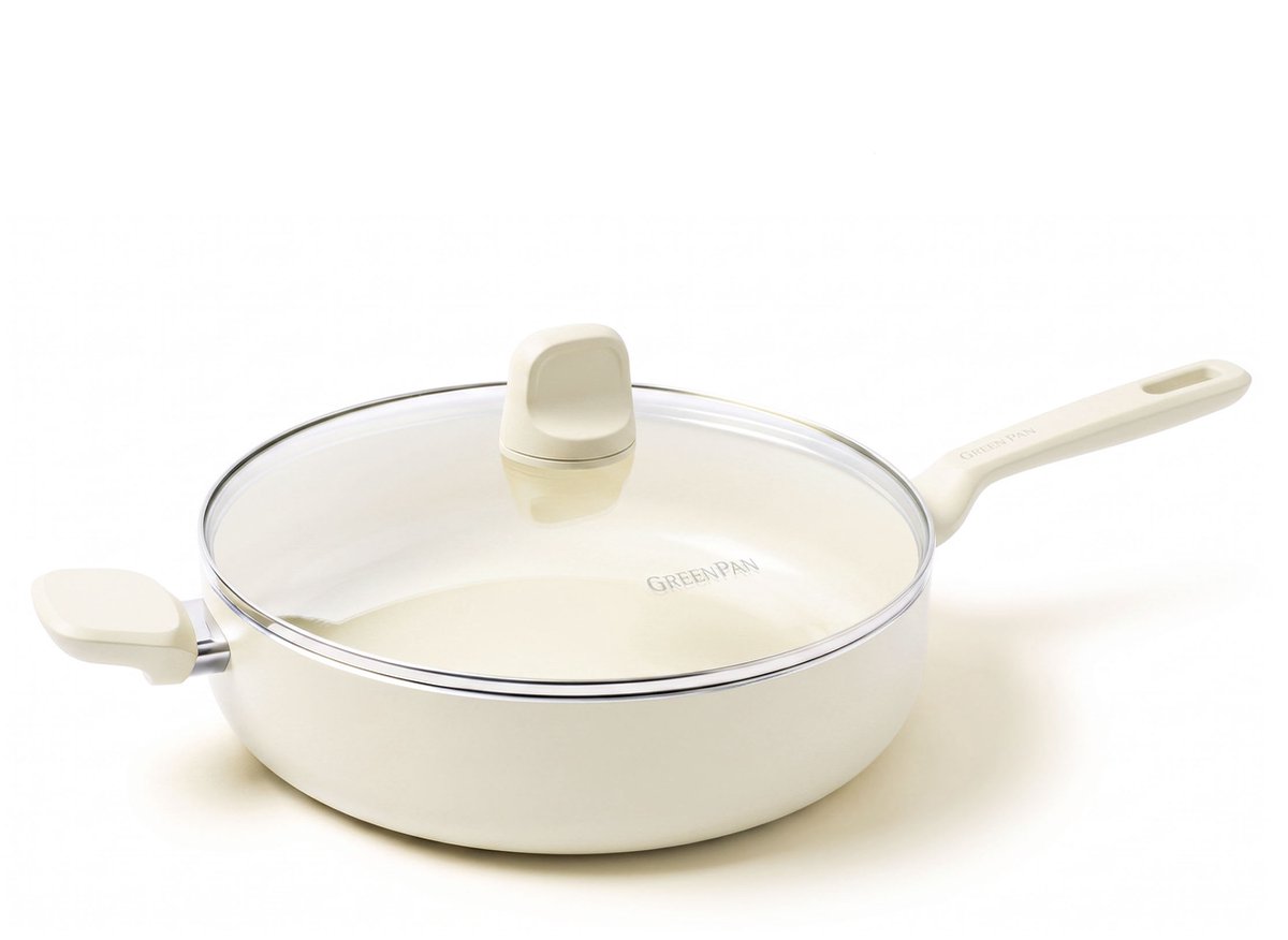 GreenPan Memphis Hapjespan 28 cm met deksel - 4,2 L - PFAS-vrije antiaanbaklaag - Hapjespan inductie - Keramische pan - Ovenbestendig tot 160°C - Gelijkmatige warmteverdeling - Met glazen deksel - Crème