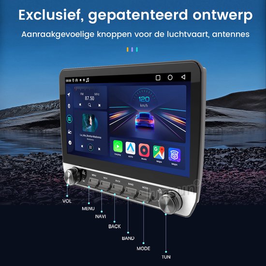 Autoradio met aanraakscherm, scherm toont snelheidsmeter en Madonna.