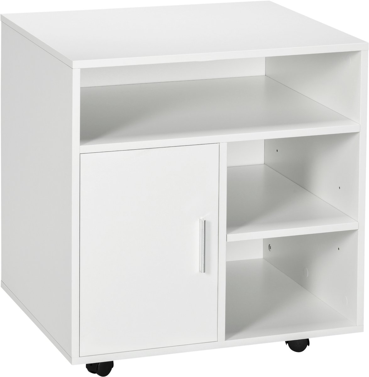 Kast - Printertafel - Printerkast - Printertafel op wieltjes - 3 vakken,1 deur - 60x35x70cm - Hout - Wit