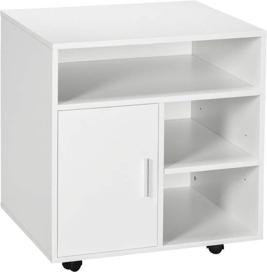 Witte printertafel met 1 deur en 3 open vakken, op wieltjes.