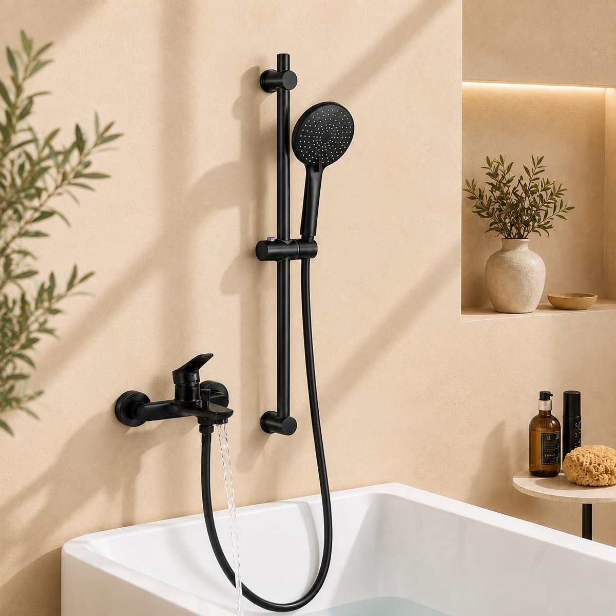 Auralum Max Opbouw Badkraan Met Handdouche en Glijstang Set - Badmengkraan - Messing Mengkraan Doucheset - met 3 Functies Handdouche - 150 mm Hartafstand - Wandmontage Badkamer - Waterbesparend - Zwart