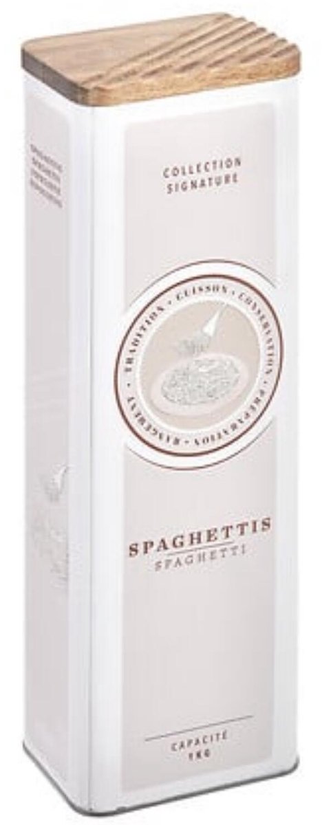 5Five Spaghetti pastablik / bewaarblik - thema print - acacia hout deksel - 10 x 6 x 29 cm - wit - rechthoekig