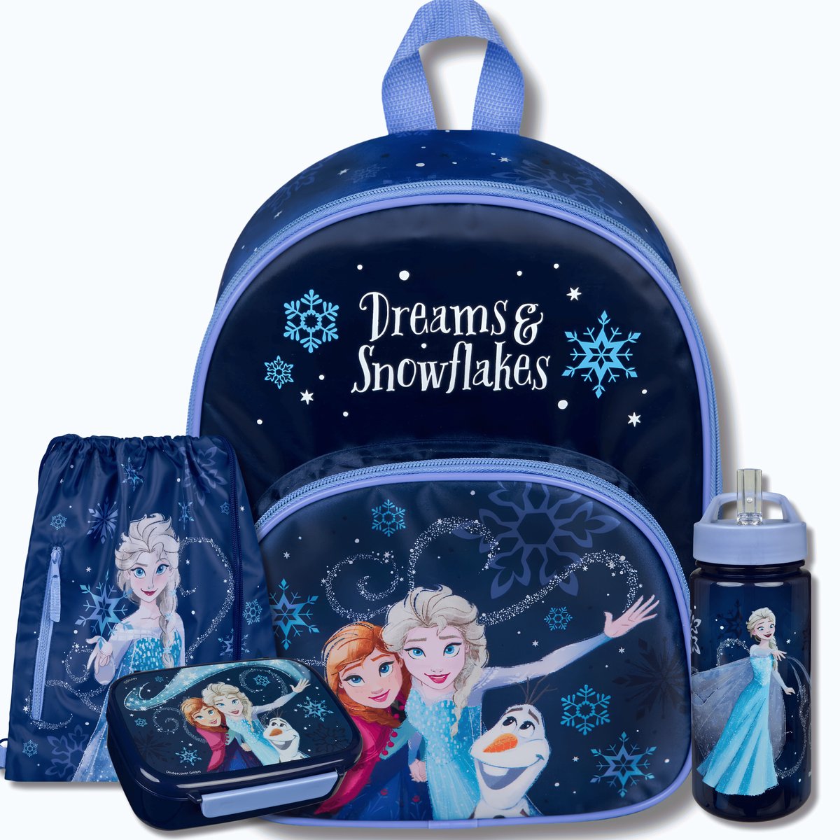 Frozen Schooltas Set Meisjes 4-Delig – Rugzak, Gymtas, Lunchbox & Drinkfles – Elsa, Anna & Olaf – BPA Vrij – Donkerblauw – Basisschool