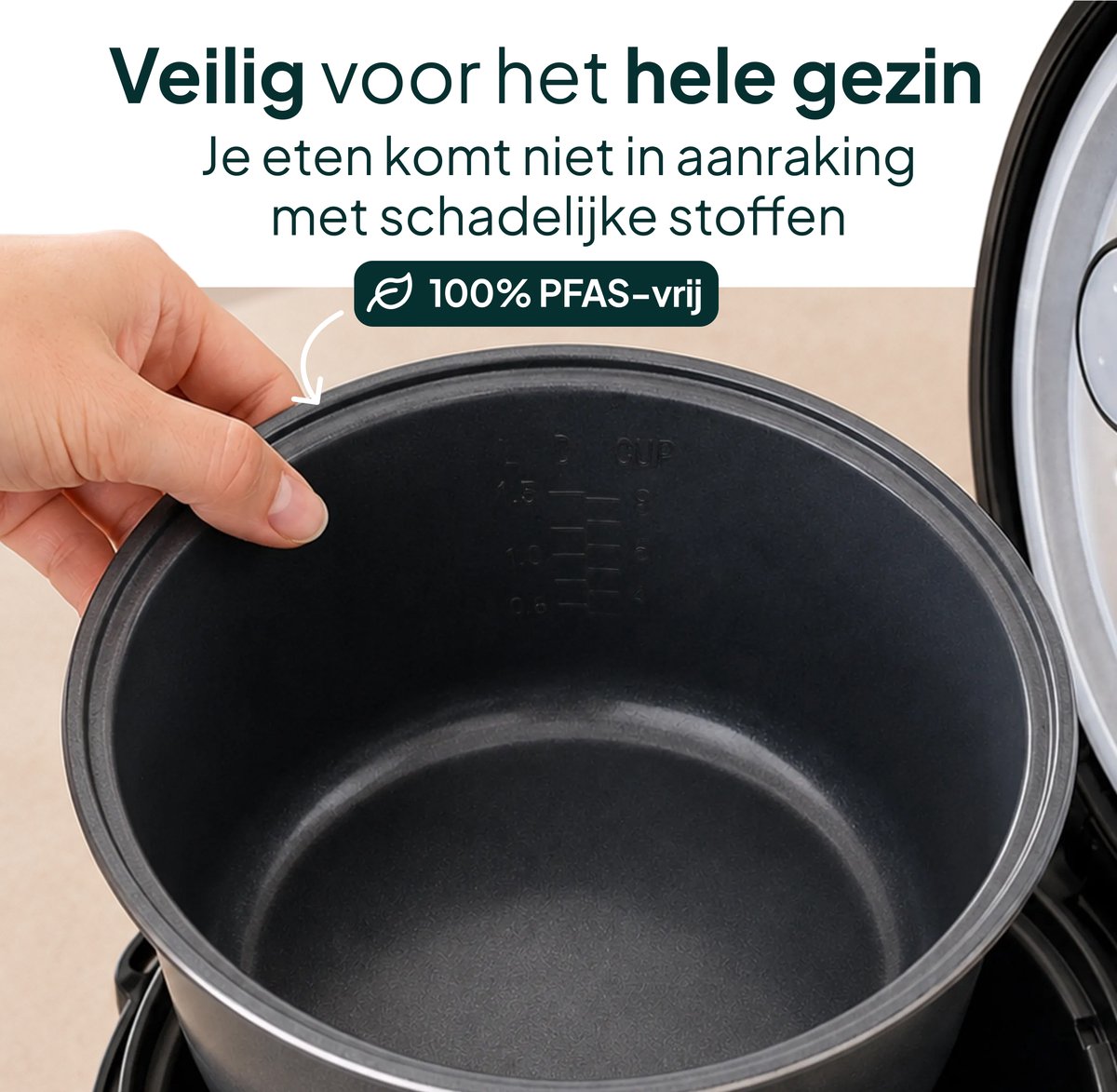 Vivid Green Rijstkoker 1,8 Liter met Stomer - PFAS-vrij - 7-in-1 Multicooker - 1 tot 4 Personen - Rice Cooker - Zwart – foto 4