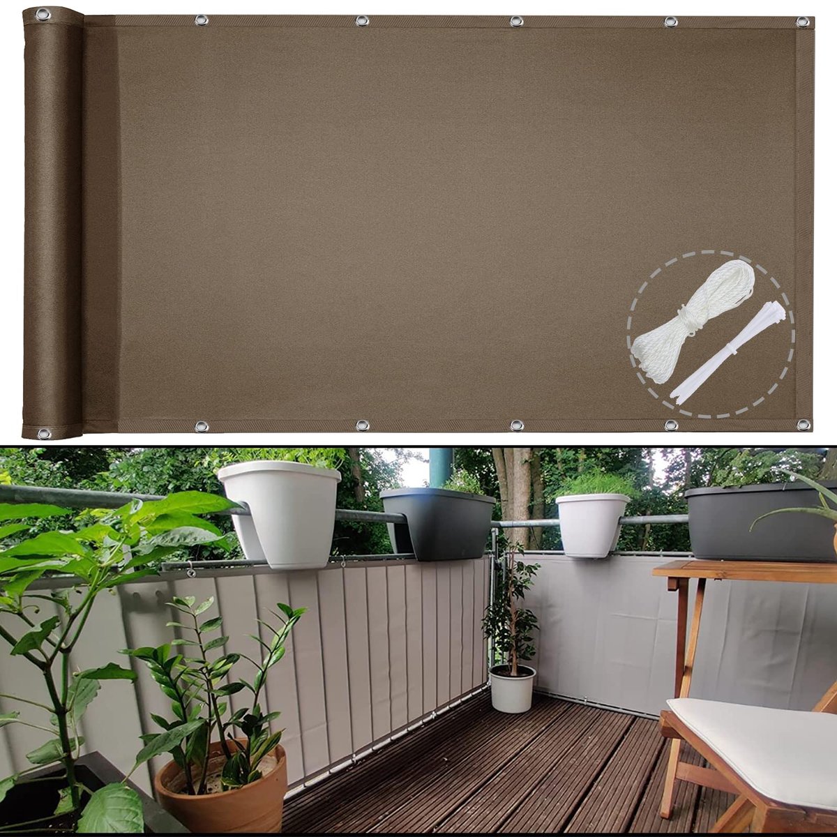 Famanu – Balkonscherm 80 x 550 cm, ondoorzichtig en waterdicht, windbestendig en UV-bescherming, voor tuin, balkon en terras, met kabelbinders en touw in koffiekleur