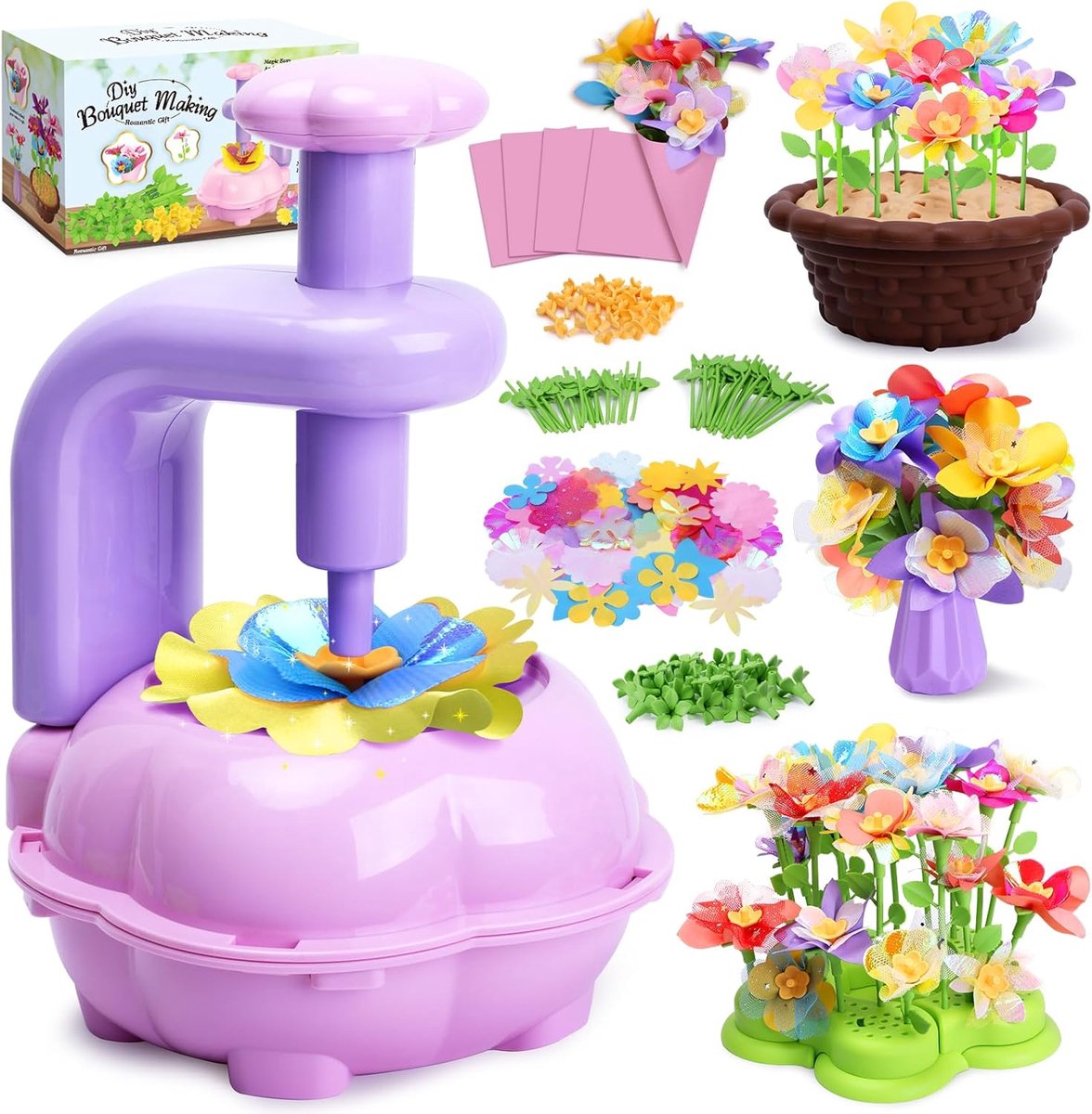DIY Kunstbloemen Knutselset - Bloemen Knutselset Kinderen - Paarse Bloemenpers - Meerdere Accessoires - Herbruikbare Bloemonderdelen - Handige Opbergruimte - Voor Kinderen Vanaf 4 Jaar, Creatief Spelen en Knutselen Thuis