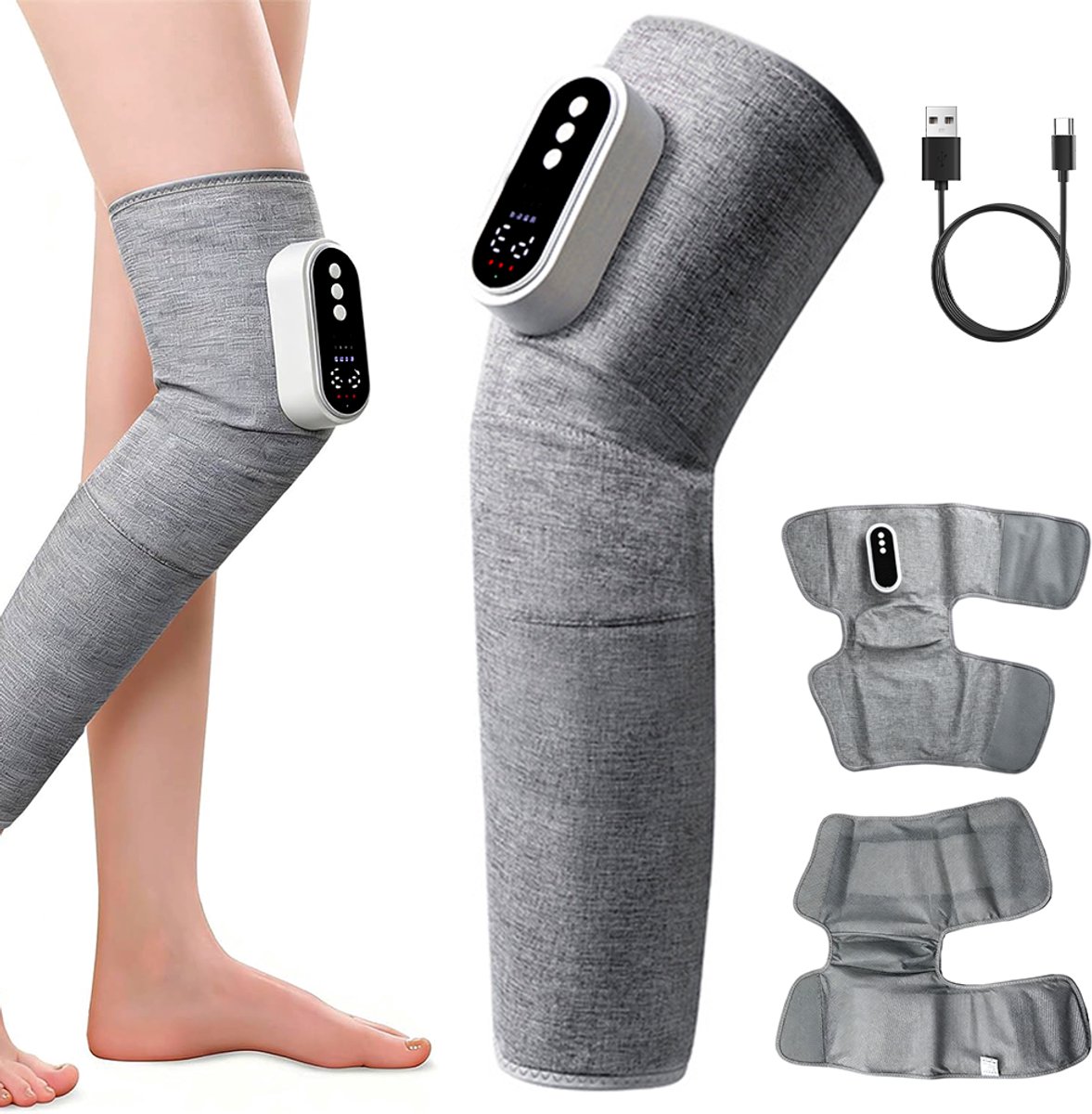 Beenmassager - Kuitmassager - Elektrisch pneumatisch therapieapparaat - Afslankapparaat voor de benen - Verlicht pijn - Drie standen - Bevordert herstel, bloedsomloop en lymfedrainage - USB-kabel - 65*55,5 cm - Enkel apparaat - Grijs