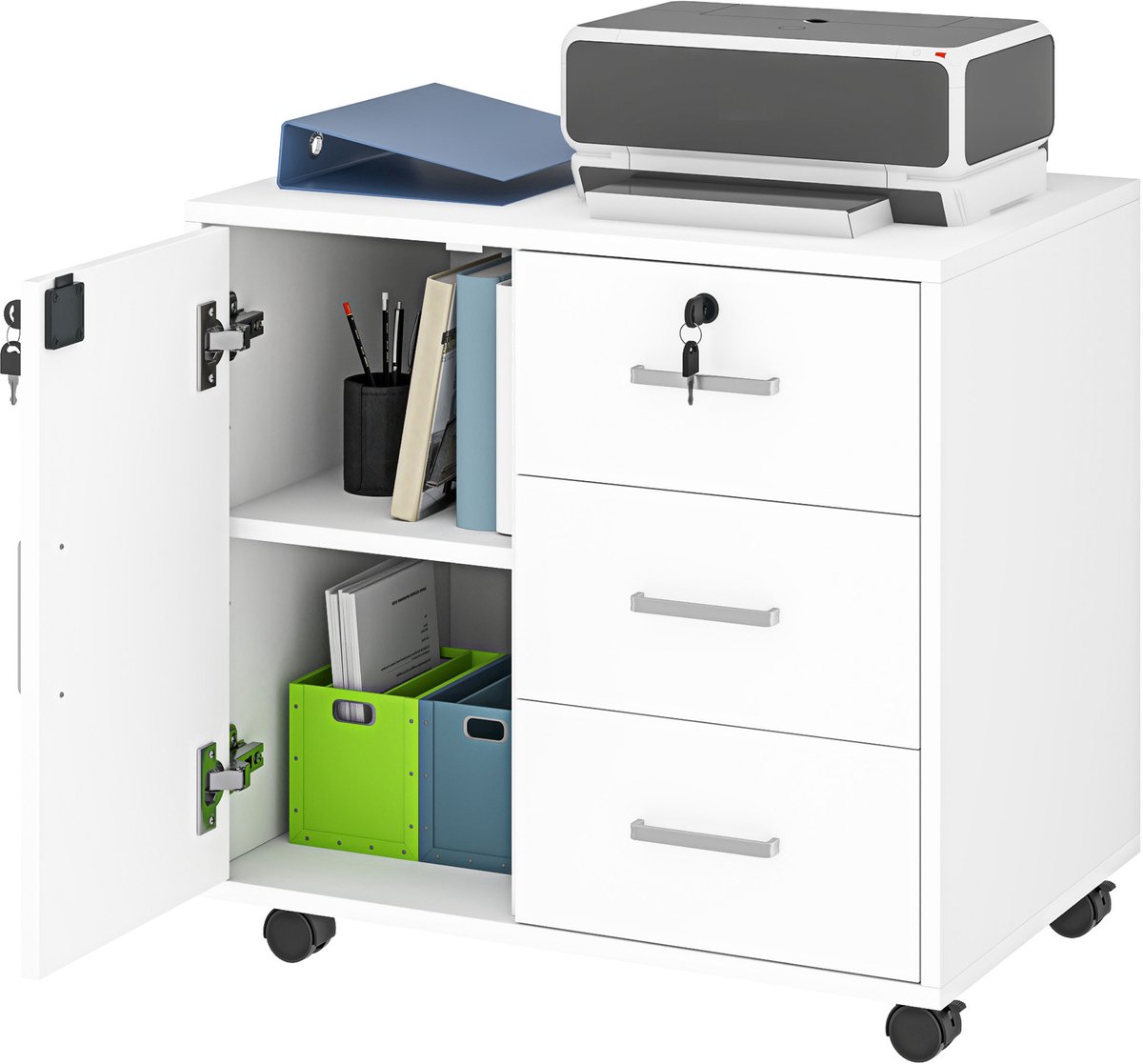 Archiefkast op wielen - afsluitbare mobiele archiefkast met 3 lades - gesloten en open opbergruimte - 40 x 60 x 56 cm - Wit