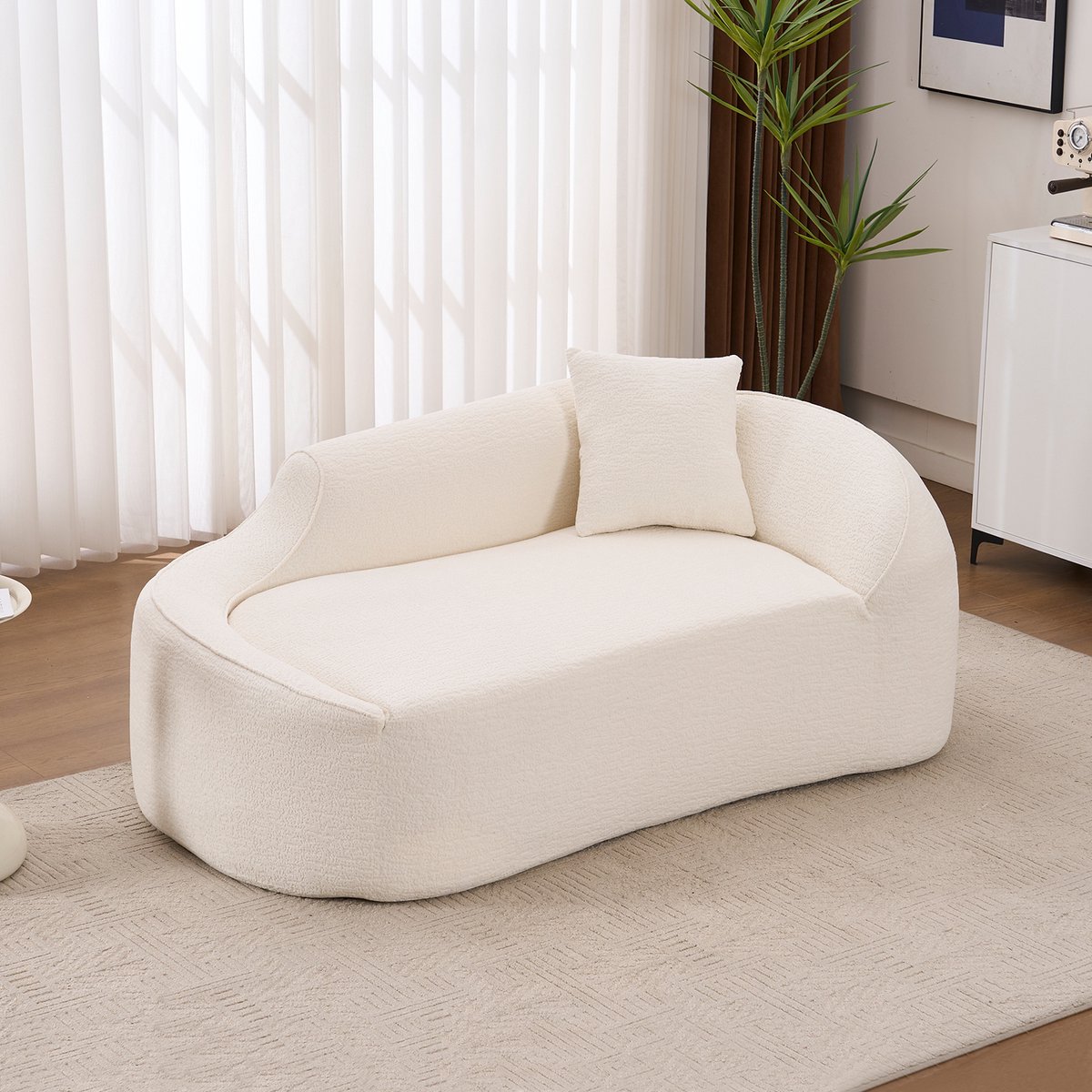 VVBV Slaapbank 155x96x65 cm - 3-in-1, Extra Diepe Zit, Geen Montage Nodig, Chaise Longue, Gebogen Design - Wit, Chenille