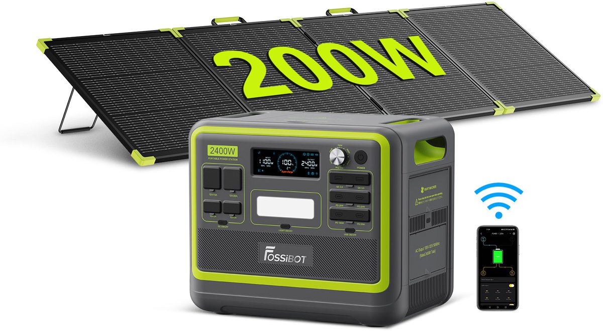 FOSSiBOT F2400 Groen Draagbare Powerstation 2048Wh 2400W continu 4800W piek LiFePO4, incl. SP200PRO zonnepaneel | Snelladen UPS <10ms Noodstroom Camper Kamperen