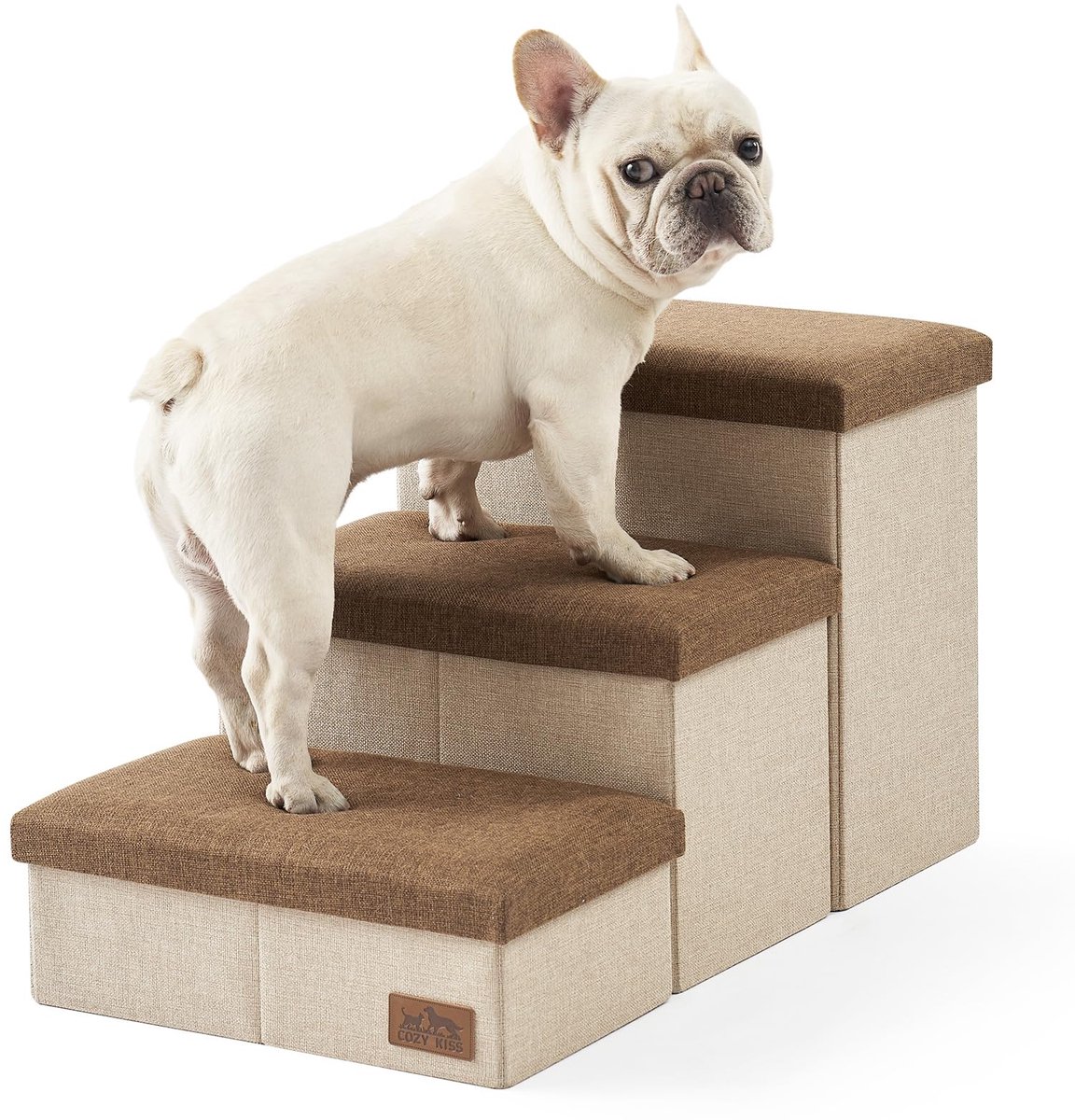 Famanu – Hondentrap voor kleine honden met opslag, opvouwbare huisdieropstap met lekvrije hoes, lichtgewicht en comfortabel, bruin, 43x72x42.5 cm