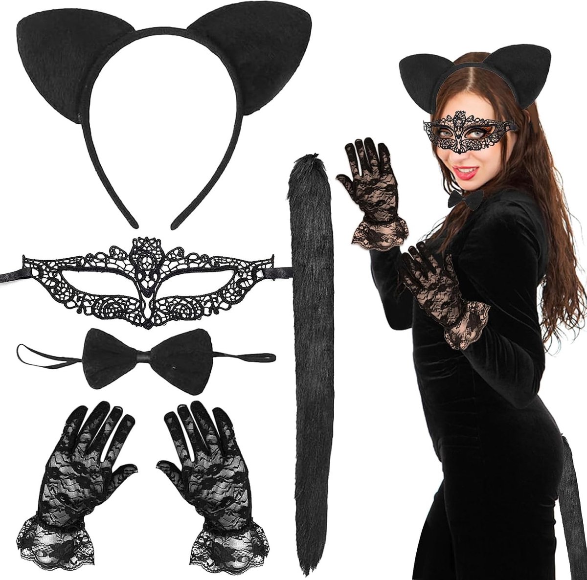 Zesdelige kattenkostuumset voor vrouwen met oogmasker, kattenoren, strik, staart en handschoenen voor Halloween en carnaval