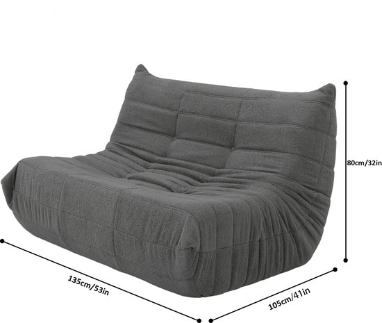 Grijze zitzakfauteuil van teddyfleece met afmetingen 135x105x80 cm.