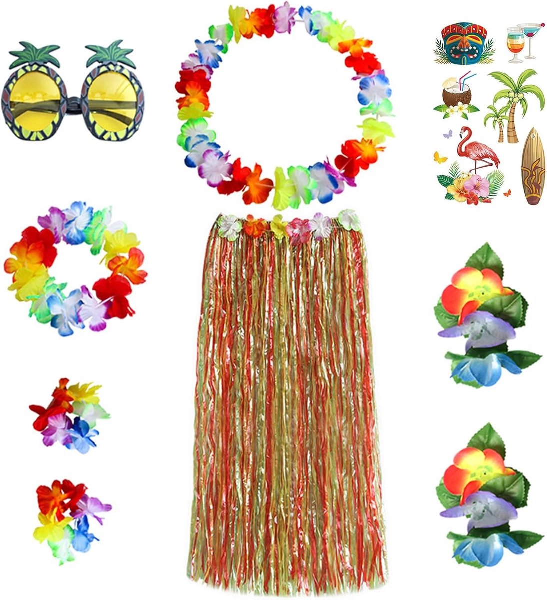 9-delige Hawaïaanse Hula Rok Kostuum met Kleurvolle Grasrok, Hibiscus Haarclip en Ananasbril voor Tropische Feestjes en Themafeesten