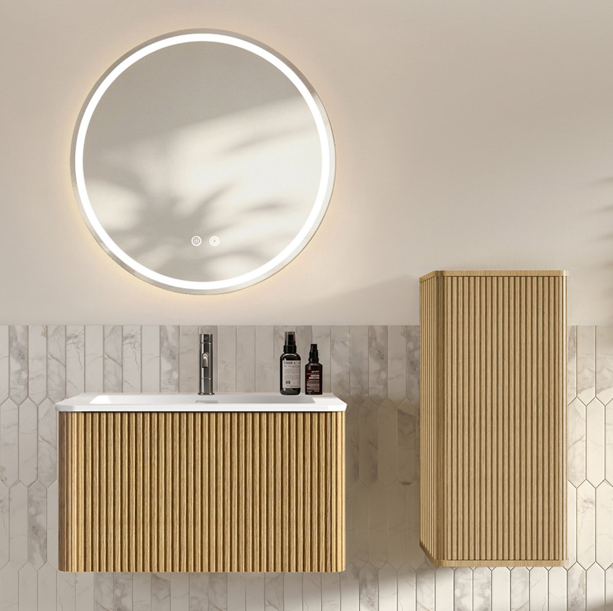 MIVRAY Badkamermeubel Set - Ronde Led Spiegel Met Hangende Onderkast En Zijdkast - Modern Voor Badkamer En Gasten Wc - Eiken Kleur - 81 Cm