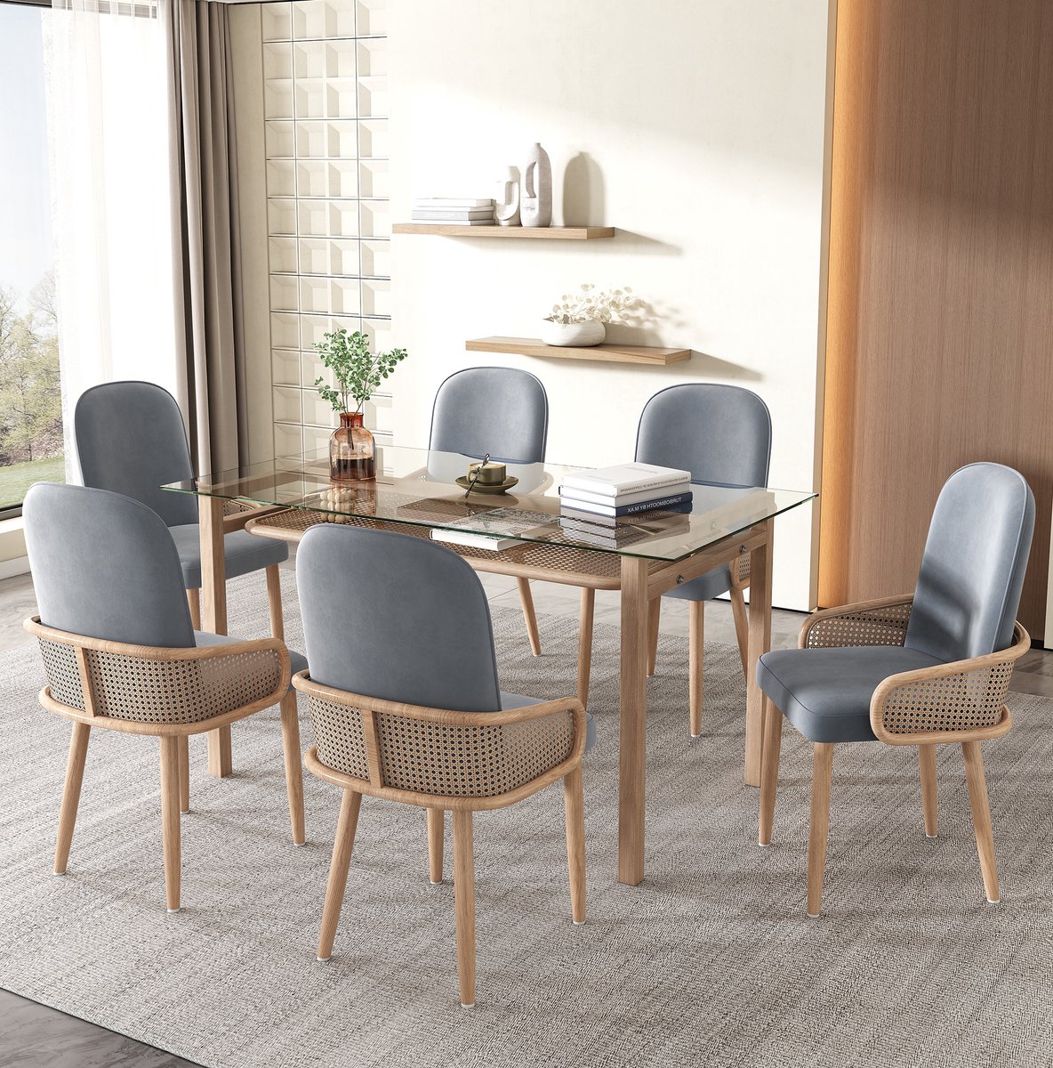 OKWISH Eetkamerstoel 6-delig – Velvet Met Rattan Design En Armleuningen – Voor Eetkamer, Woonkamer En Slaapkamer – Metaal – Grijs