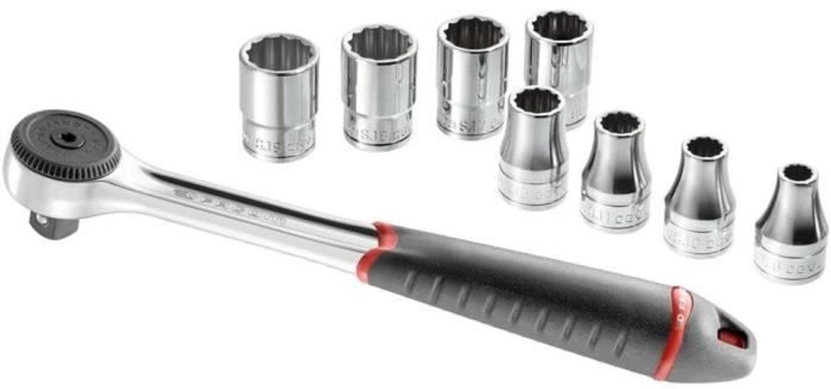 FACOM 9-delige 1/2" klemset - S.4JE9PB - Openingen van 8 tot 19 mm - 5° ratel - 8 x 12-punts doppen