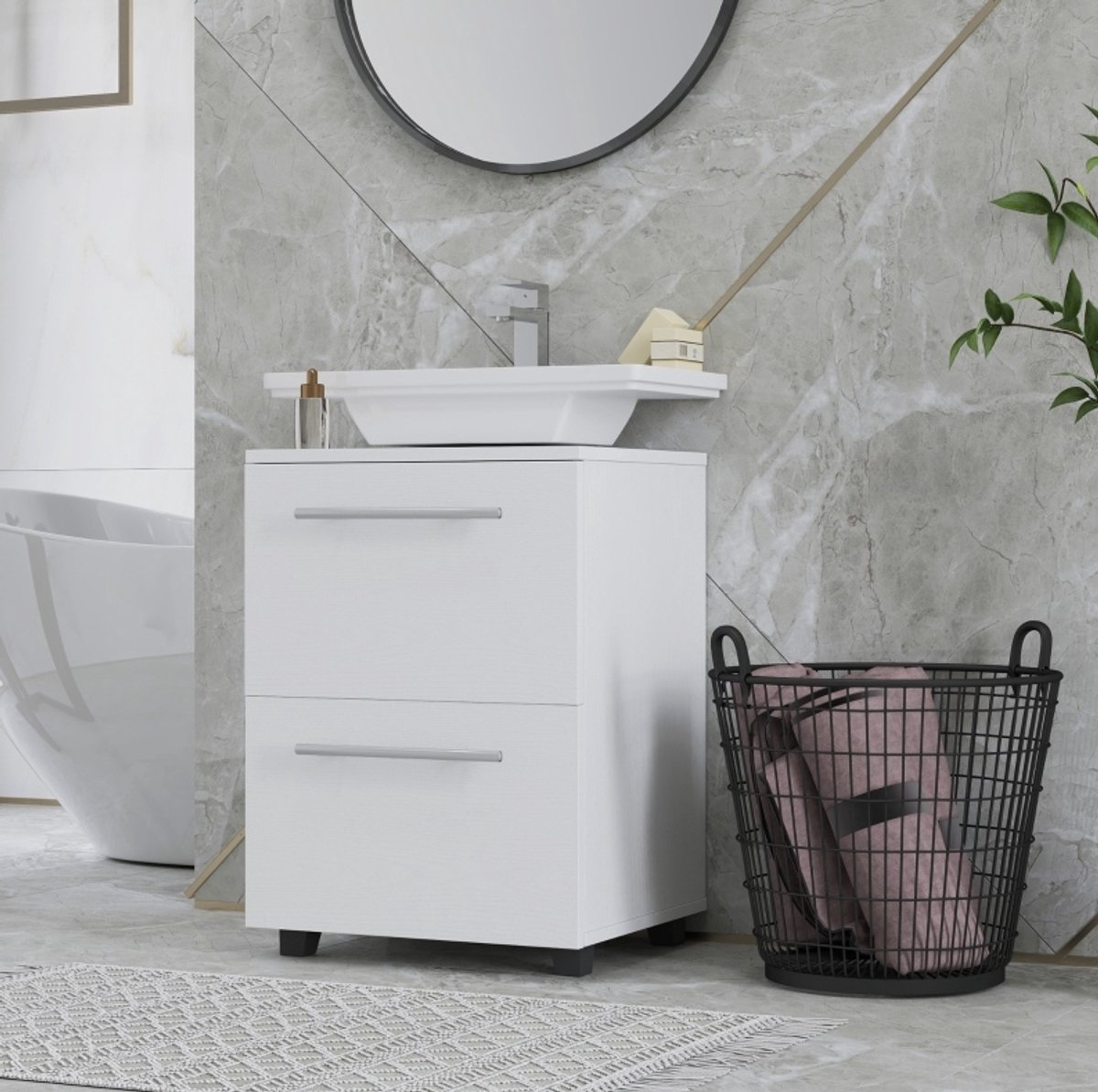 MIVRAY Badezimmerschrank - Wasbakonderkast Met U Vormige Uitsparing En Lade - Compact Voor Badkamer En Kleine Ruimtes - Spaanplaat - Wit - 41,5x35,5x59 Cm