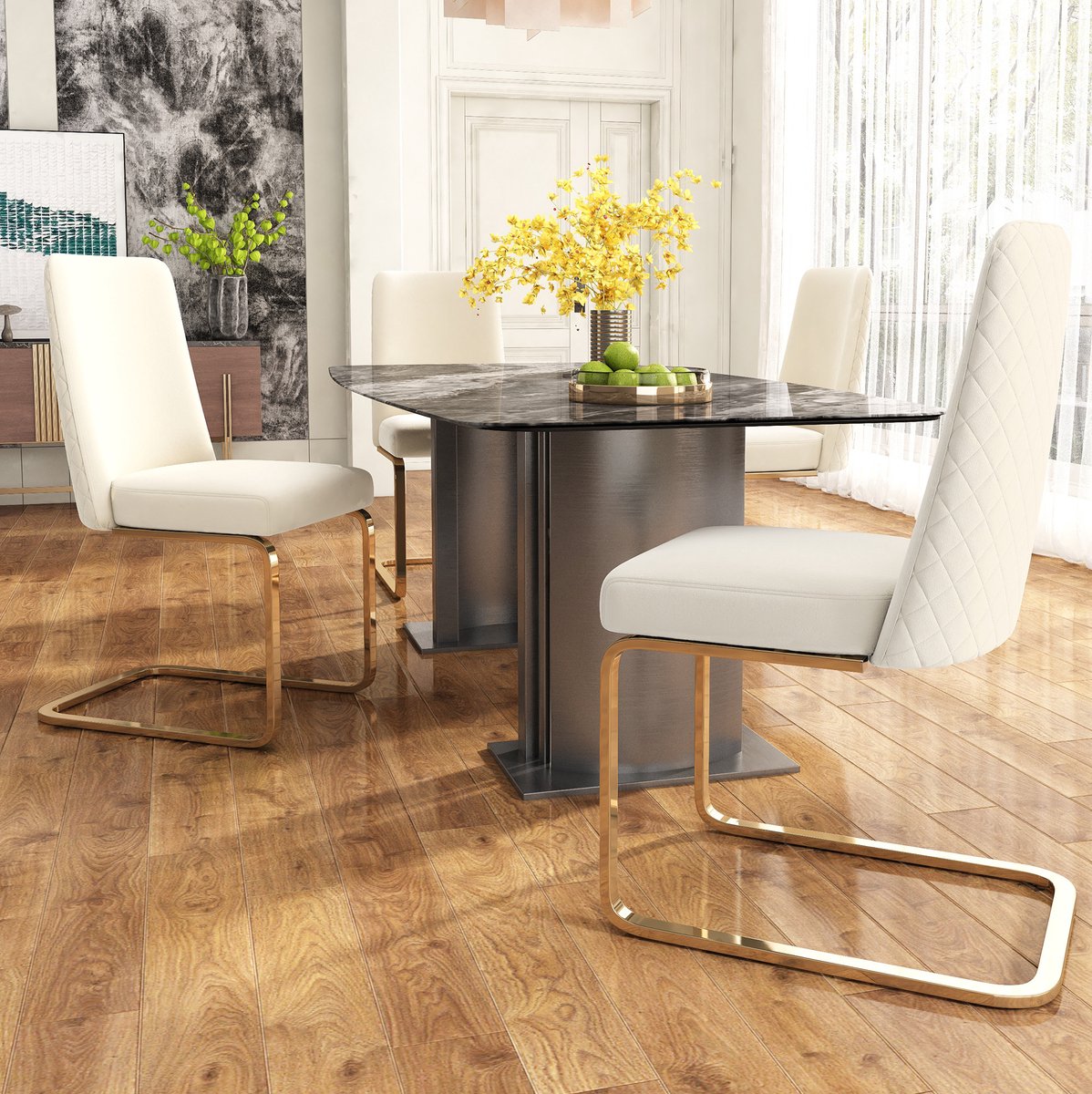 OKWISH Eetkamerstoel Set Van 4 – Velvet Design Met Diamantgestikt Rugpaneel – Voor Eetkamer, Woonkamer En Slaapkamer – Metaal – Beige