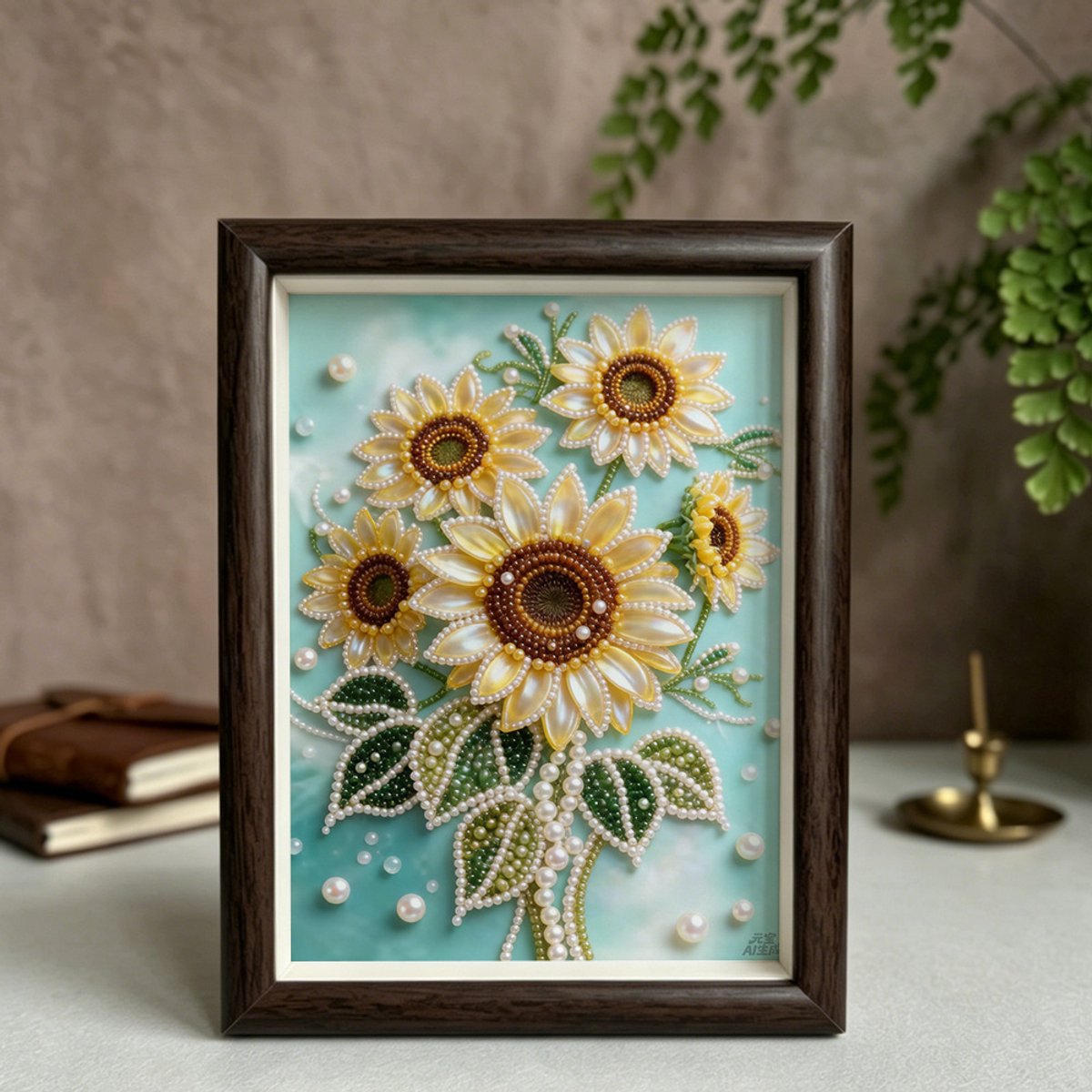 Casalora Diamond Painting Zonnebloem - 5D Diamant Schilderen - Speciale Steentjes - DIY Set -Met 8 inch fotolijst in walnootkleur - 17 x 20 cm