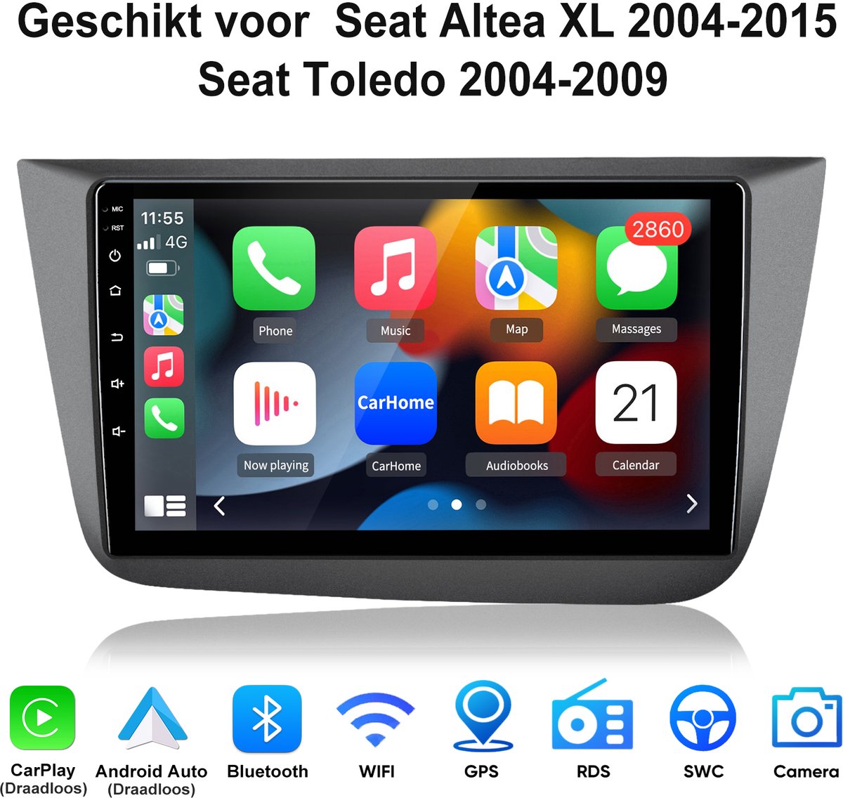 Junsun Autoradio met Draadloos Carplay & Android Auto Geschikt voor Seat Altea 2004-2016 - GPS-multimedianavigatie - 9 Inch HD IPS Touchscreen - Bluetooth - WiFi - Stuurwielbediening - USB - 4GB+64GB