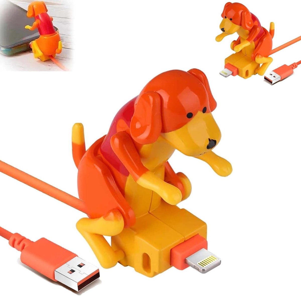 Oplaadkabel met Bewegend Speelgoedhondje, Geschikt voor Apple Lightning-naar-USB-A, Grappige Snellaadkabel, Draagbare Telefoonkabel voor Opladen en Gegevensoverdracht, Oranje