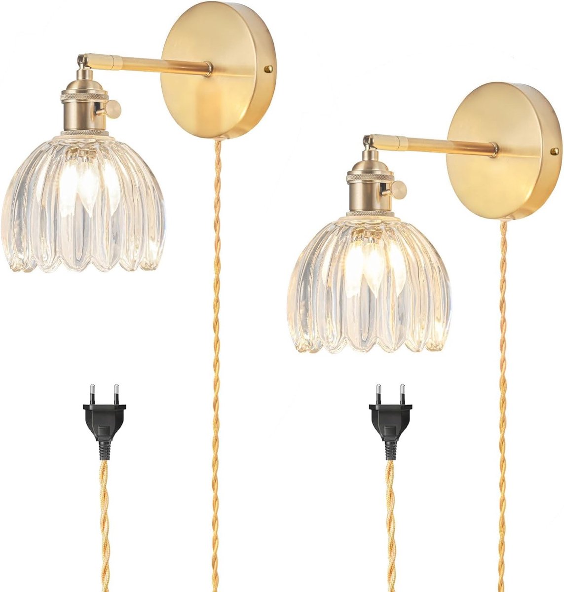 Wandlamp met Stekker - Transparant - Met Stekker (2 Stuks) - Vintage Wandlamp met Tulpvormige Glazen Lampkap - Voor Diverse Ruimtes