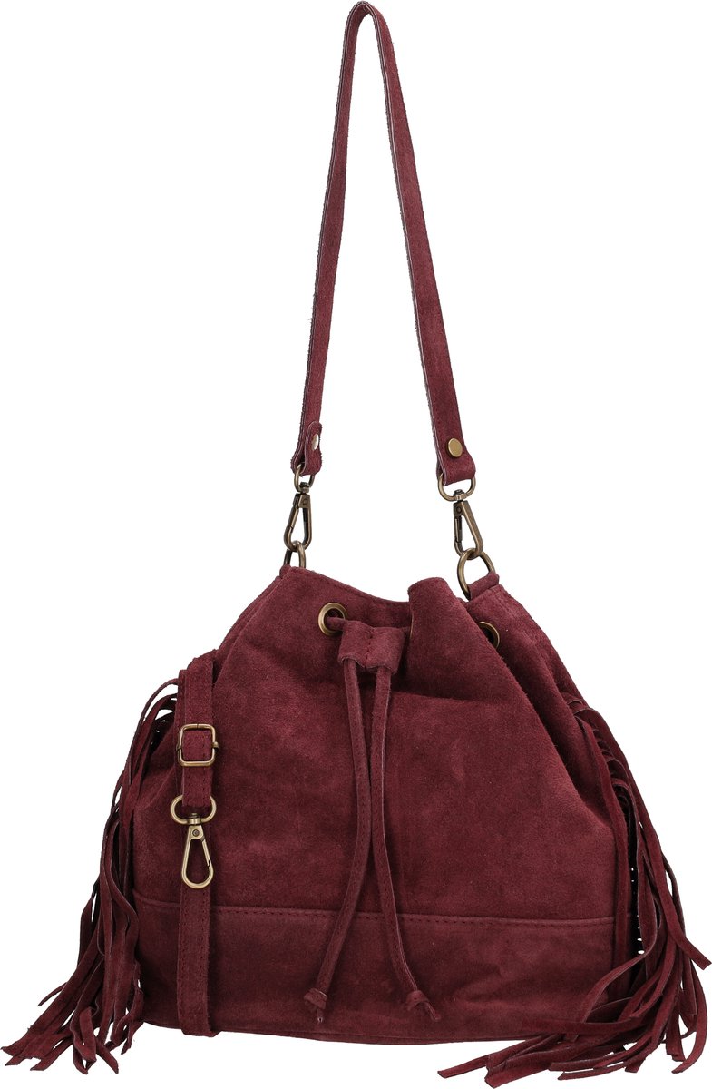 Charm London Vittoria Schoudertas - Suede - Damestas - Buideltas - Franjes - Koordsluiting - Drukknoopsluiting - Ritsvak - Leren Dames Tas - Donker Bordeaux