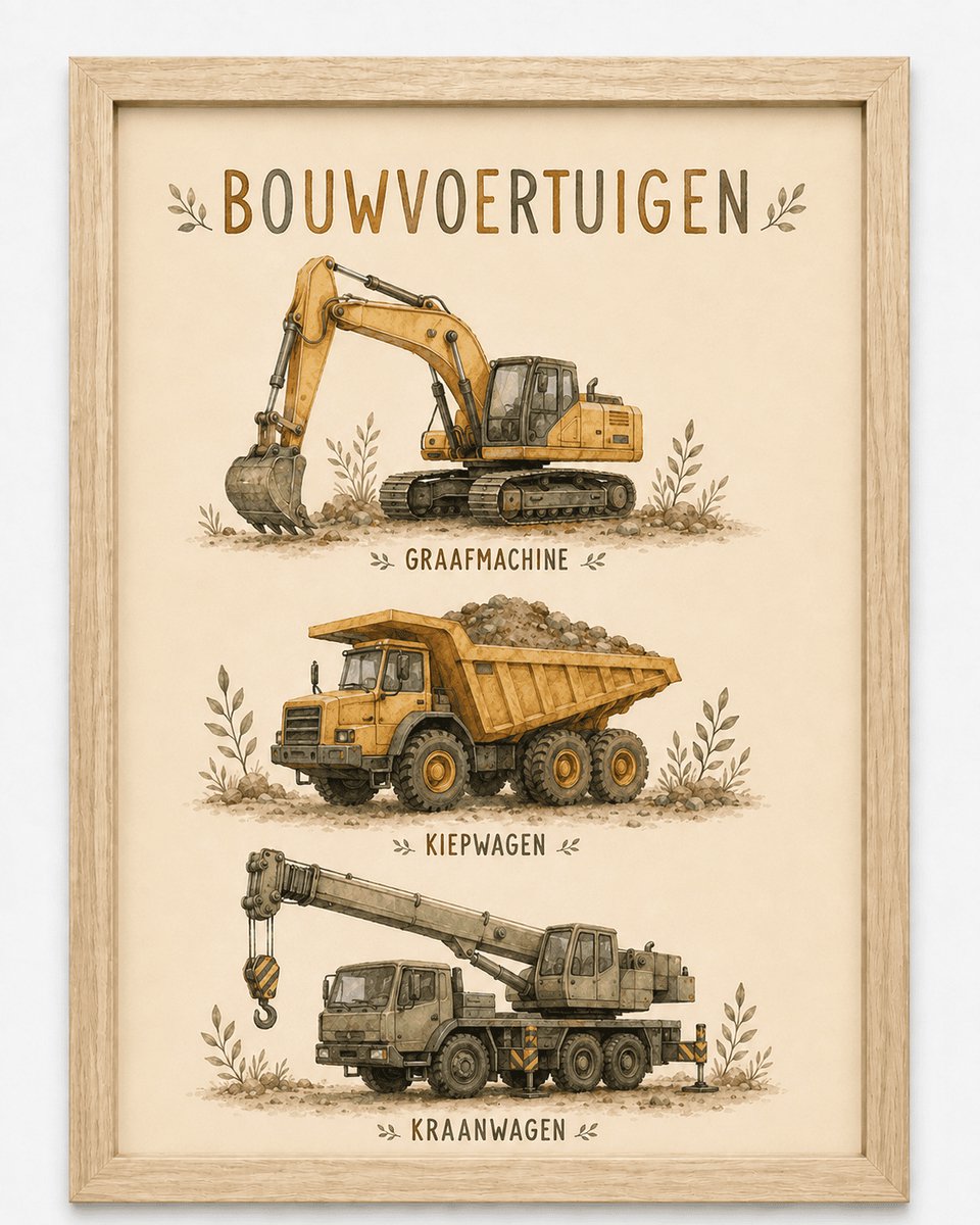 Bouwvoertuigen Poster Kinderkamer | Graafmachine, Kiepwagen & Kraan | Inclusief Zwarte A4 Lijst