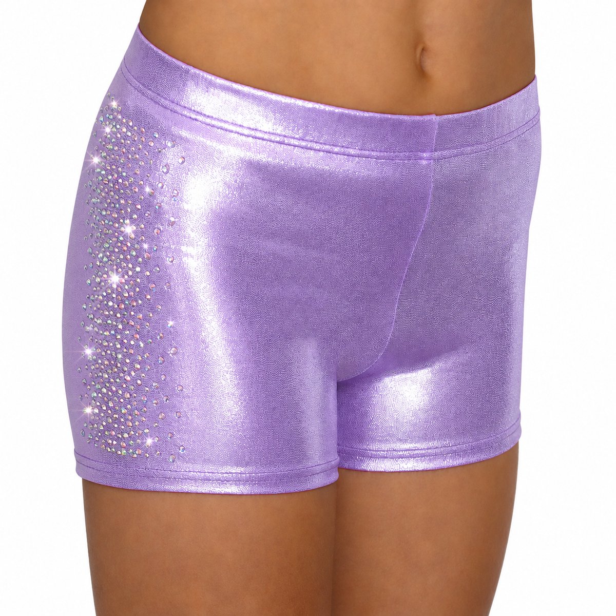 Fairysports Turnbroekje Lila Glitterstof maat 110-116 meisjes gymbroekje lavender paars met gekleurde steentjes