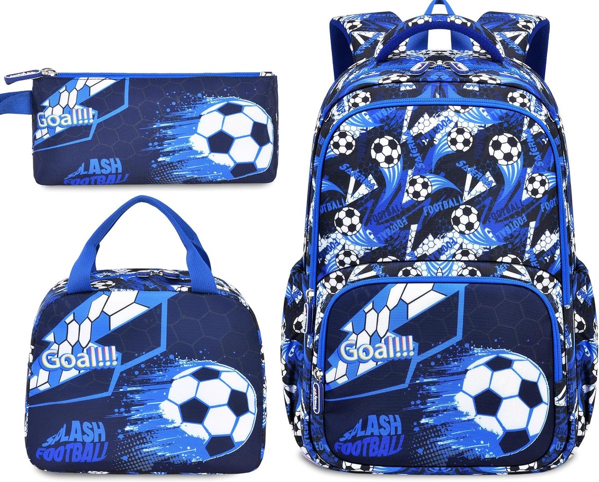 Rugzakset voor jongens, 3 stuks, leeftijd 6-12 jaar, schoolrugzak voor kinderen met lunchtas en etui, lichtgewicht waterbestendige schooltas voor basisschool- en middelbare scholieren, voetbalblauw