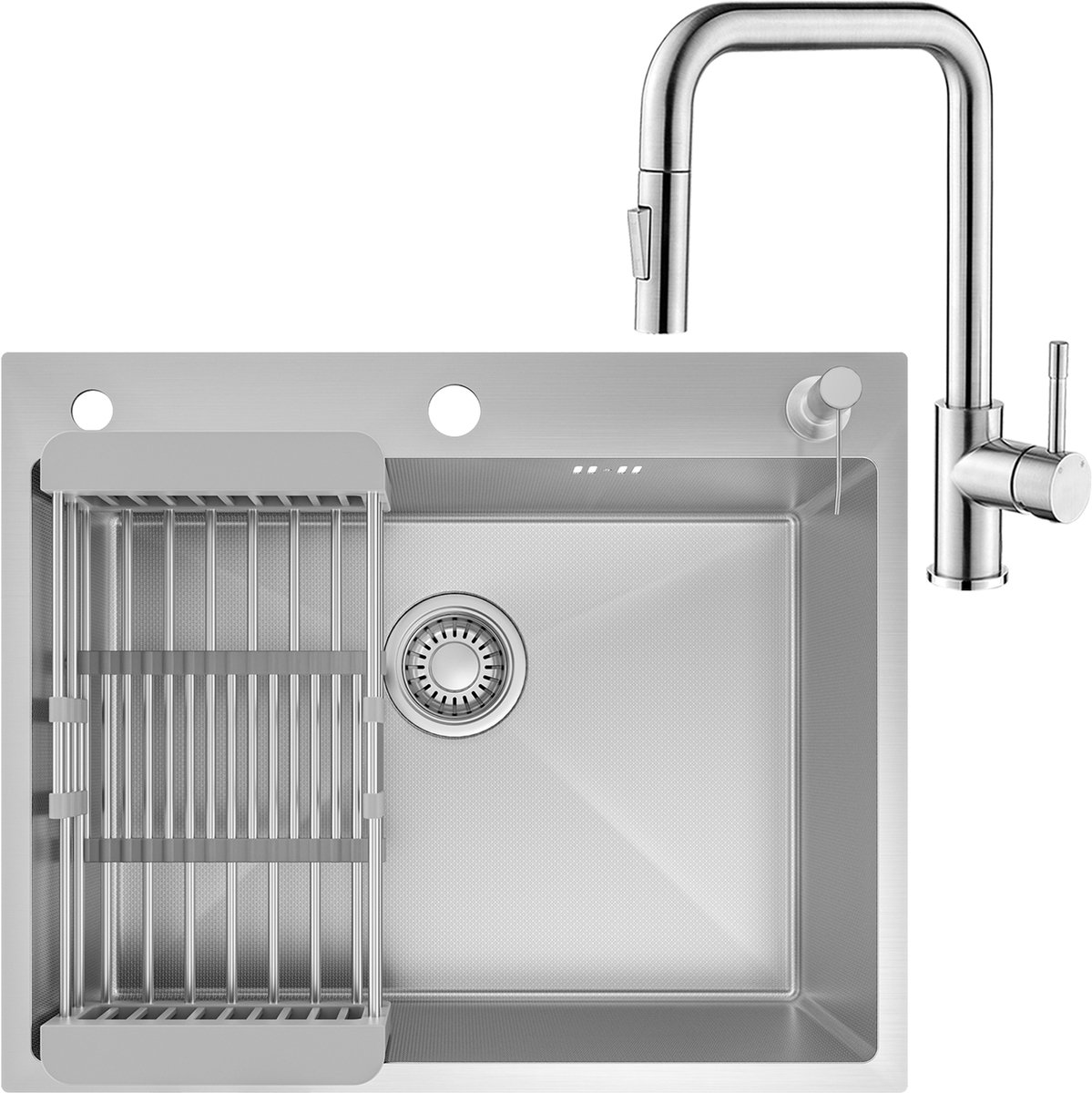 CECIPA max Spoelbak RVS (60x49CM) - Spoelbak Keuken Met Premium Keukenkraan - Spoelbakken Keuken - Spoelbak Met Kraangat - Spoelbak Met Zeepdispenser - Verstelbaar Mandje - Overloop en Sifon