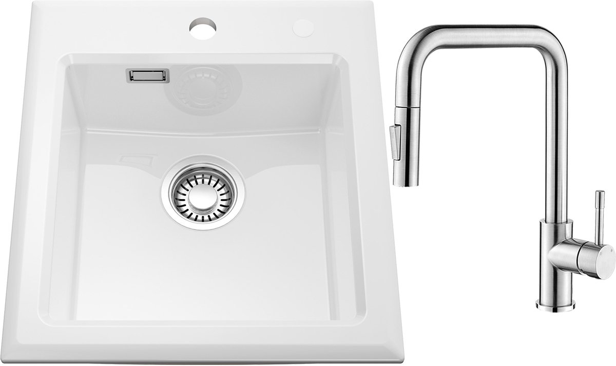 CECIPA max Spoelbak Keuken 45x50CM - Keramische Spoelbakken Keuken Met Premium Keukenkraan - Enkele spoelbak Wit - Spoelbakken Met Waterafvoersysteem