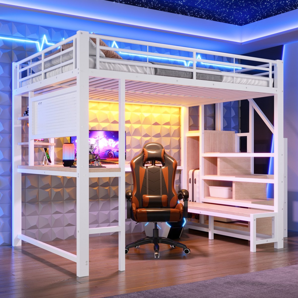 PHOEBE CAT Hoogslaper - 140 x 200 cm - Met bureau - Oplaadpunt - Opbergplank - LED-verlichting - Wit