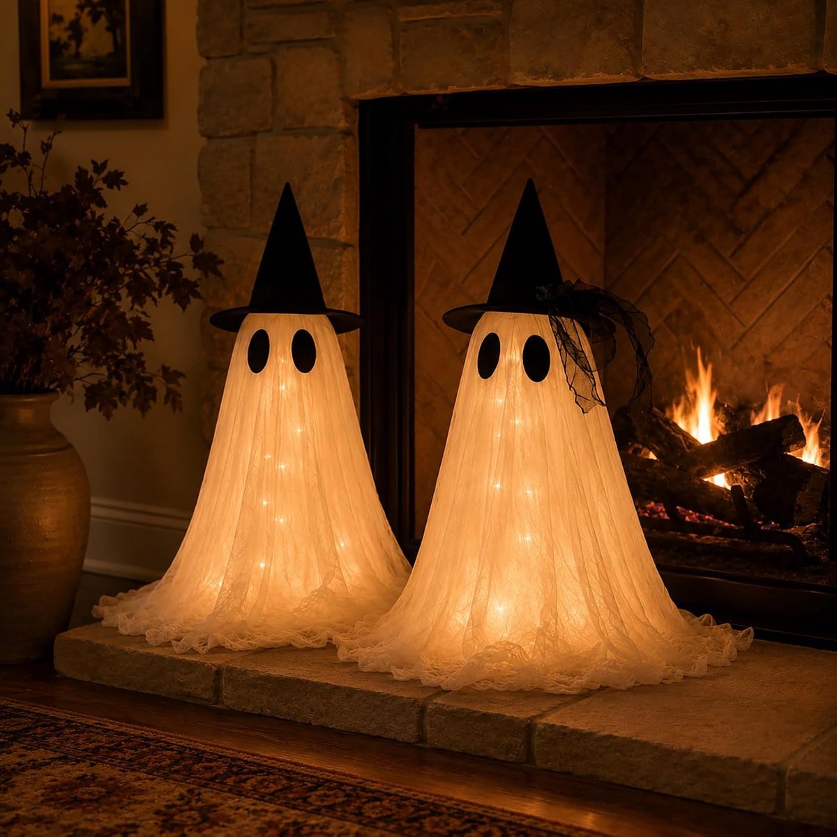 Set van 2 Halloween-spookdecoraties, USB-voeding, Halloween-decoraties voor binnen - Verlicht spookornament, voor schoorsteenmantel, tafel en open haard - Spookachtig middelpunt voor thuisfeestjes